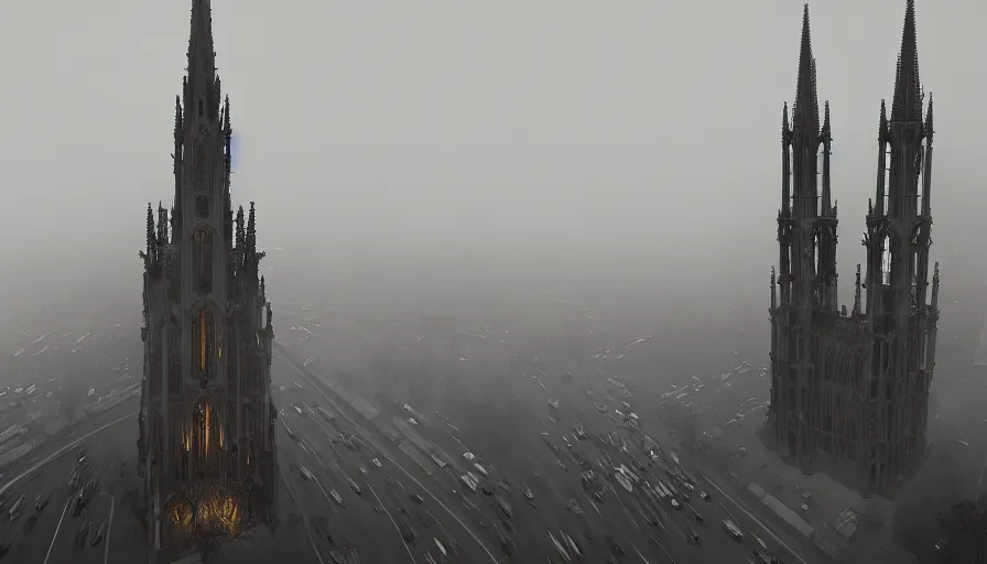 Prompt: strees view of neo - gothic brussels, fog, hyperdetailed, artstation, cgsociety, 8 k