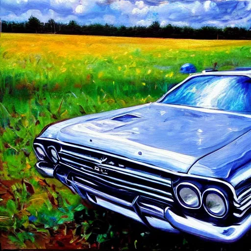 Prompt: chrome impala in a field, oil on canvas, extremely detailed masterpiece