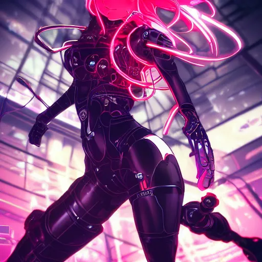 Image similar to digital anime in the style of arcane!!, cyborg - girl hacking into the reality, black red long hair!, biomechanical details, neon background lighting, reflections, wlop, ilya kuvshinov, artgerm