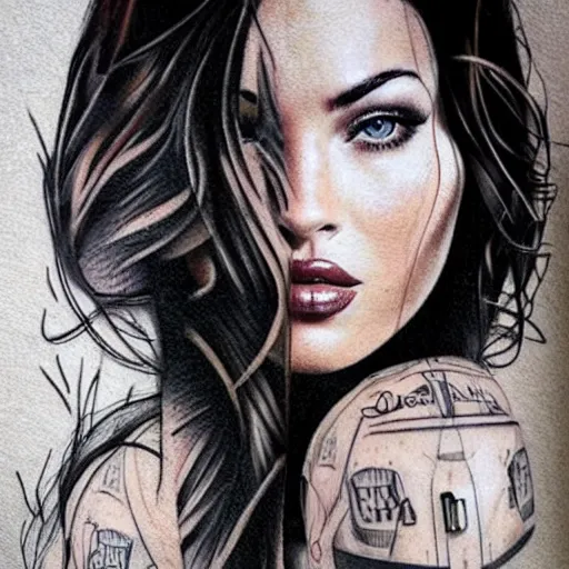 Image similar to realism tattoo sketch of double exposure megan fox blended with beautiful mountain scenery, in the style of andrey lukovnikov