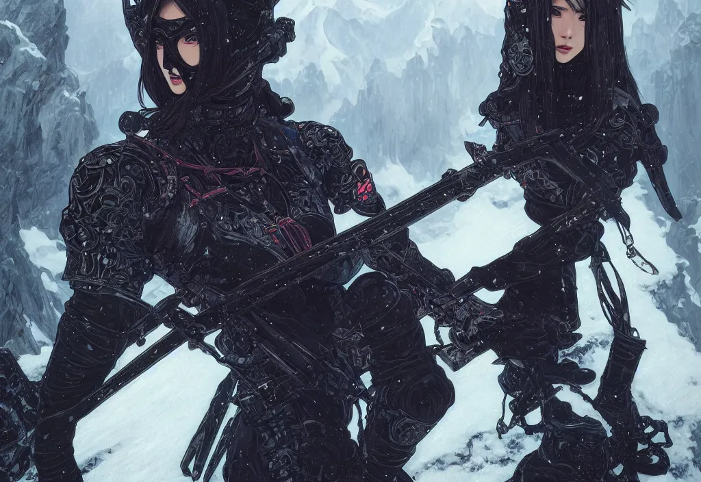 Image similar to portrait ninja gaiden girl, armored black reflective vests ninja wardrobe, at snowy fuji mountain fallen night, ssci - fi and fantasy, intricate and beautiful and highly detailed, digital painting, artstation, concept art, smooth and sharp focus, illustration, art by tian zi and wlop and alphonse mucha