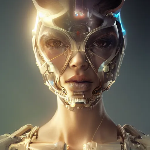 Prompt: A close-up portrait of a beautiful female cyborg wearing an intricate venetian mask by wlop, exposed inner structure, glowing eyes, trending on artstation