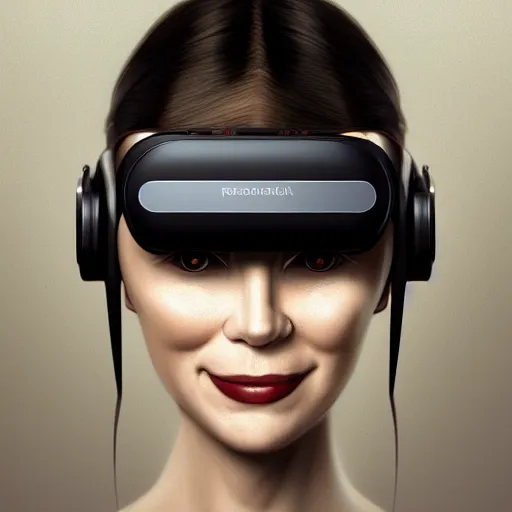 Image similar to Portrait of a woman by Greg Rutkowski, symmetrical face, a woman using a VR Headset covering her eyes, Kubric Stare, crooked and uncanny smile smile, she's wearing an office outfit, highly detailed portrait, scifi, digital painting, artstation, book cover, cyberpunk, concept art, smooth, sharp foccus ilustration, Artstation HQ