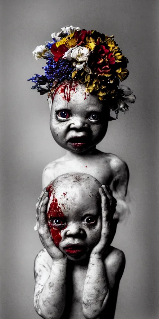 Prompt: award winning photo of ritualistic deformed african albino baby draped in shiny gold and silver, puking blood, red eyes wide open, rotten flesh, flowers, evil cult, mysticism, vivid colors, weird and disturbing, symmetrical face, grape hyacinth, blue delphinium, studio lighting, wide shot art by sally mann & arnold newman