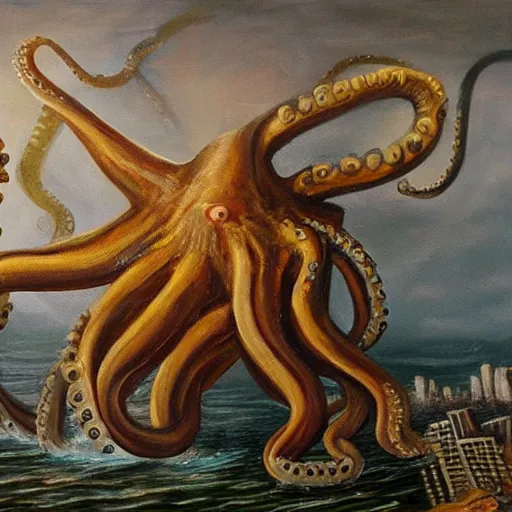 Image similar to oil painting of giant octopus ravaging metropolis