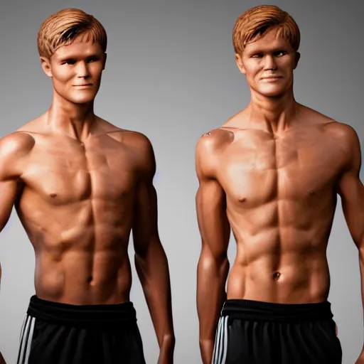 Image similar to a realistic detailed photo of a guy who is an attractive humanoid who is half robot and half humanoid, who is a male android, soccer player martin ødegaard, shiny skin, posing like a statue, blank stare, in a living room, on display, showing off his muscles, with a twin