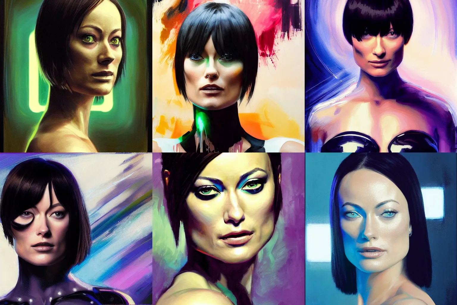 Prompt: portrait of olivia wilde as quorra on white background, medium length black bob cut hair with bangs, tron legacy setting, close - up, intricate details, mysterious feeling, epic pose, action shot, atmospheric, muddy colors, broad brush strokes by greg manchess and ilya kuvshinov, oil on canvas, 8 k