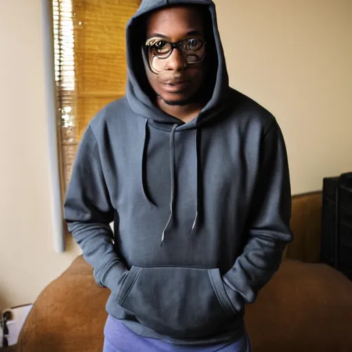 Image similar to cool black guy, wearing a golden kappa hooded sweatshirt, photo inside apartment, digital camera