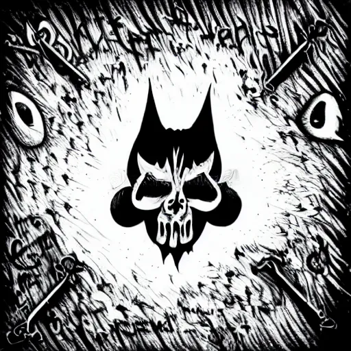 Image similar to cute little satan drawing with big eyes black and white, ink pen, metal music grindcore album cover style, handwriting, metal band name typography