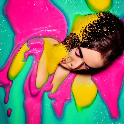 Prompt: a photo of a woman drowning in different colourful slime with golden sprinkles. moody and melanchonic.