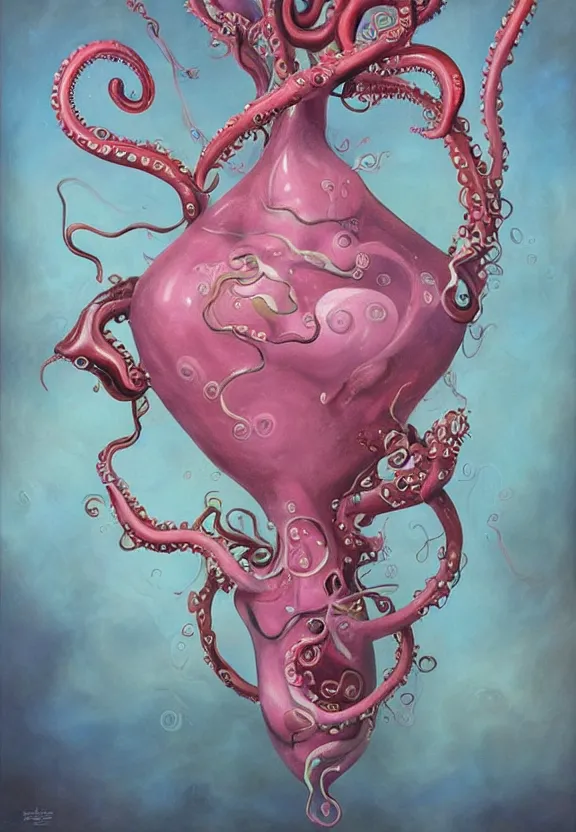 Image similar to a biomorphic painting of a vase with flowers with eyeballs and tentacles, surrealist painting by marco mazzoni, by dorothea tanning, pastel blues and pinks, melting, plastic, skull, featured on artstation, metaphysical painting, oil on canvas, fluid acrylic pour art, airbrush art, seapunk, rococo, lovecraftian