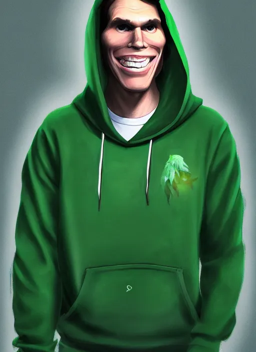 Image similar to jerma wearing a green hoodie and smiling with glowing white teeth, path traced, highly detailed, high quality, digital painting, by studio ghibli and alphonse mucha, leesha hannigan, makoto shinkai, disney