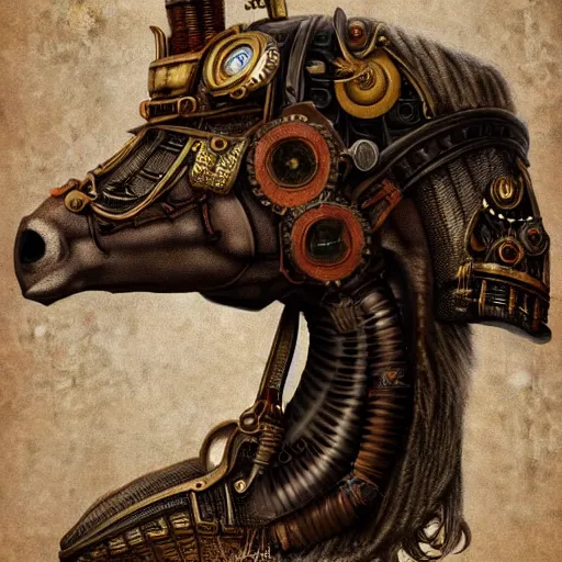 Image similar to steampunk horse in the 1 8 0 0 s, highly detailed digital art, trending on artstation, epic, extremely detailed