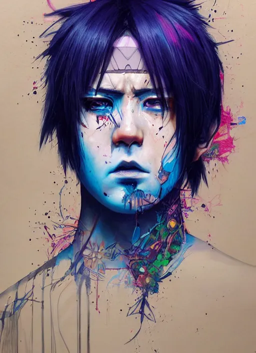 Prompt: beautiful portrait of Lofi cyberpunk Sasuke, by Tristan Eaton, Stanley Artgermm, Tom Bagshaw, Greg Rutkowski, Carne Griffiths. trending on DeviantArt, face enhance, hyper detailed, trending on Artstation, 8k, masterpiece, graffiti paint, fine detail, full of color, intricate detail, golden ratio illustration