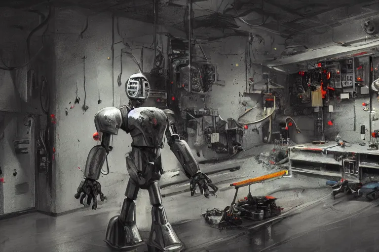 Prompt: eddie mendoza blender gloomy colossal ruined server room in datacenter robot figure automata headless drone robot knight welder posing pacing fixing soldering mono sharp focus, emitting diodes, smoke, artillery, sparks, racks, system unit, motherboard, by rutkowski artstation hyperrealism cinematic dramatic painting concept art of detailed character design matte painting