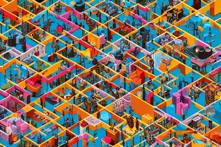 Prompt: isometric intricate complex wimmelbild illustration of weird dreamworld trending on artstation