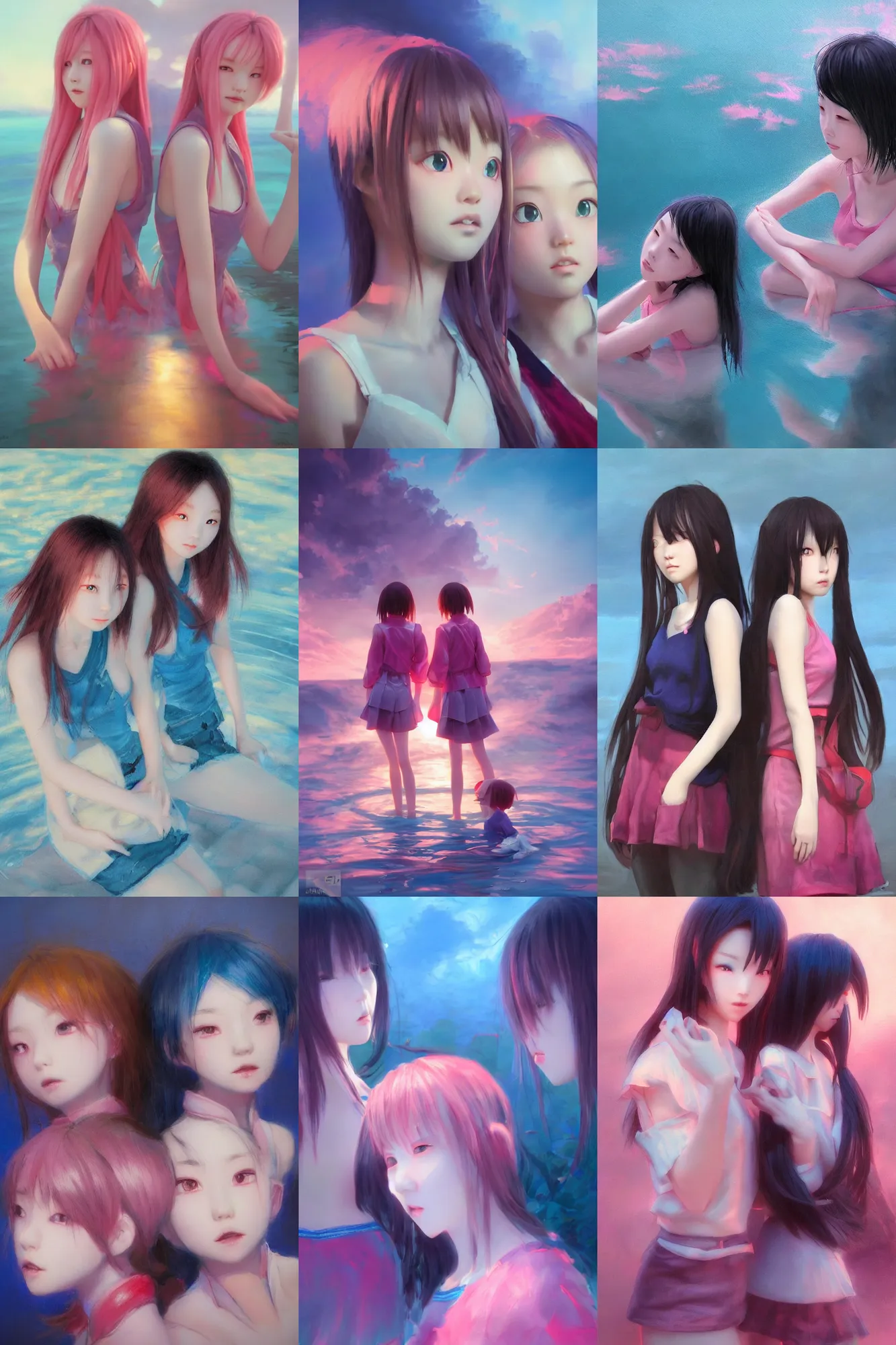 Prompt: 3d dark infrared octane render concept art by D. Jun, by Mo Xiang Tong Xiu, by Igarashi Daisuke, beauty portrait anime two schoolgirls under dark pink and blue water. cute face. sunrise. dramatic light, trending on artstation, oil painting.