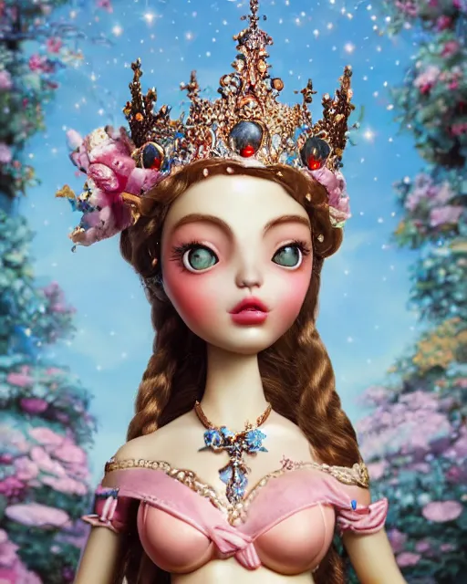 Image similar to closeup face profile portrait of a tin toy fairytale princess wearing a crown eating cakes, bikini, depth of field, zeiss lens, fashion photoshoot by nicoletta ceccoli, mark ryden, lostfish, breathtaking, detailed and intricate environment, 8 k resolution, extremely detailed, beautiful, establishing shot, artistic, hyperrealistic, octane render