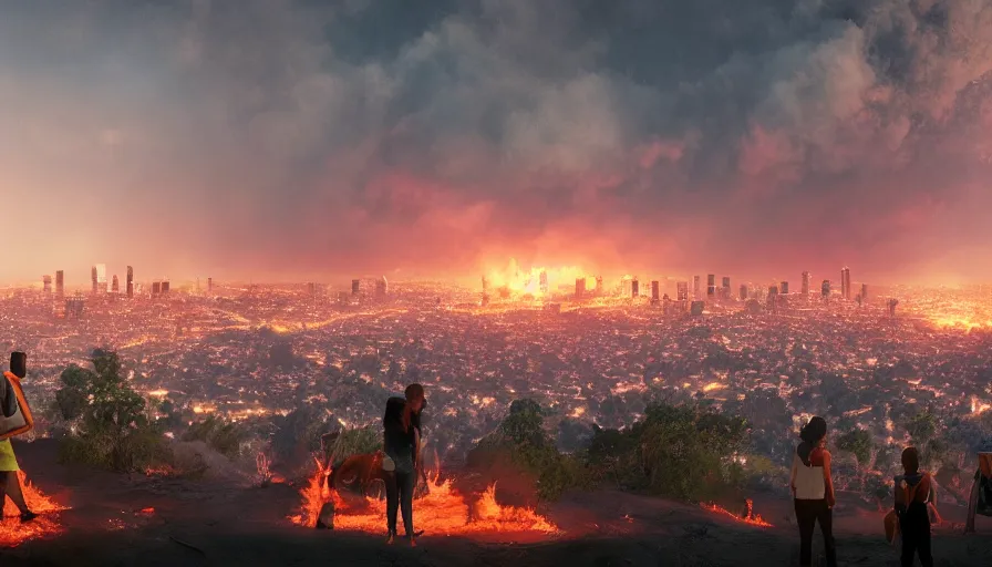 Image similar to people in a hill watching los angeles on fire, hyperdetailed, artstation, cgsociety, 8 k