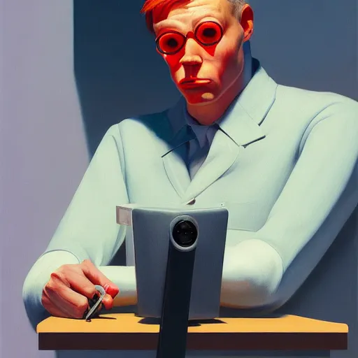 Image similar to Portrait of a man wearing a business hacking computers, very coherent, painted by Edward Hopper, Wayne Barlowe, painted by James Gilleard, airbrush, art by JamesJean