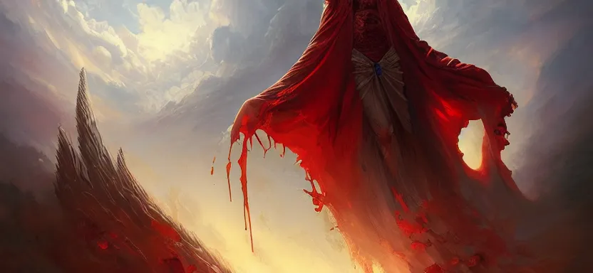 Prompt: sacred vampire, red sea, sword attack, epic, acanthus scroll, ceremonial clouds, dripping paint, fibonacci rhythm, artstation, art germ, wlop, karol bak, christopher balaskas, ross tran