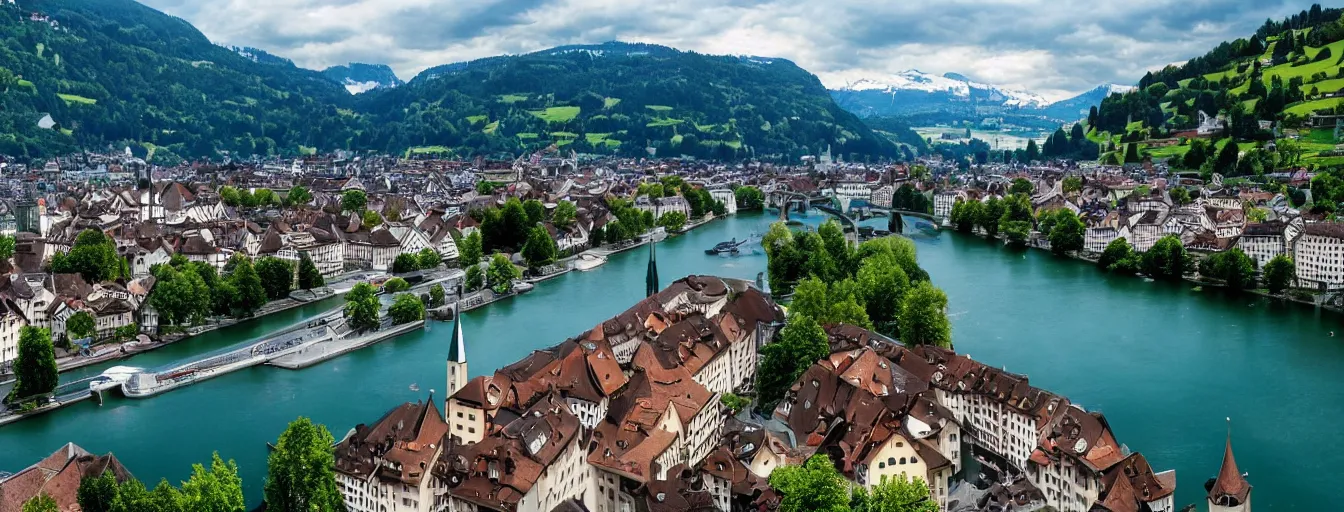 Prompt: Photo of Zurich, looking down the Limmat at the lake and the alps, Hardturm, Grossmünster, Lindenhof, Üetliberg, wide angle, volumetric light, hyperdetailed, light blue water, artstation, cgsociety, 8k