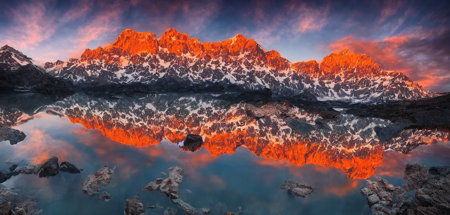 Image similar to amazing landscape photo of mountains with lake in sunset by marc adamus, beautiful dramatic lighting