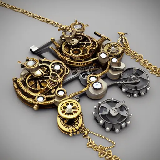 Image similar to steampunk jewellery in polished gold and silver, trending on artstation, octane render