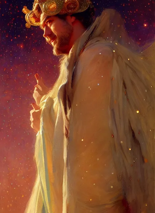 Image similar to billy hill, god of starlight, modest flowing gown, smug expression, highly detailed painting by gaston bussiere, craig mullins, j. c. leyendecker 8 k, sparkling nebula