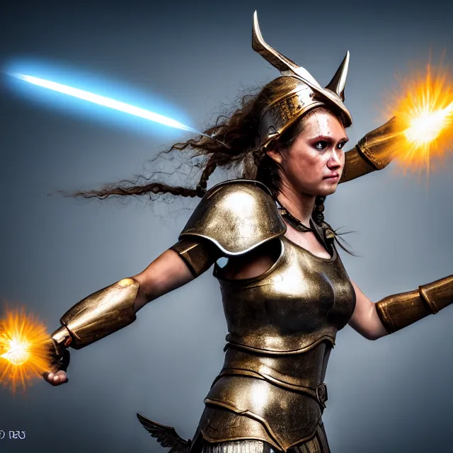 Image similar to photo of a valkyrie warrior with light powers, highly detailed, 4 k, hdr, smooth, sharp focus, high resolution, award - winning photo