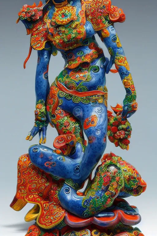 Prompt: an polished texturized sculpture of Curupira in vivid colored chinese porcelain by kris kuksi