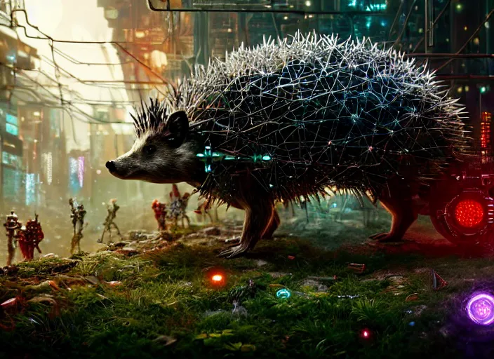 Image similar to giant intricate mechanical hedgehog with cybernetic enhancements and visible gears and fiber optics, on the background of a weird magical mechanical forest. Very detailed 8k. Fantasy cyberpunk horror. Sharp. Cinematic post-processing. Unreal engine. Nanite. Ray tracing. Parallax. Tessellation