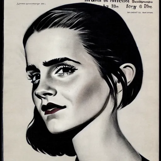 Prompt: Emma Watson portrait, vintage magazine illustration 1950