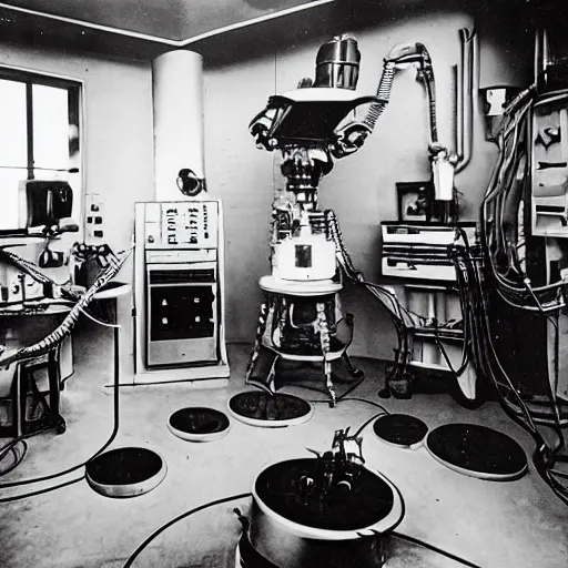 Prompt: interior photo of alien laboratory with strange device at the center of a room, colorful photo