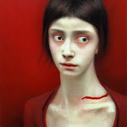 Prompt: portrait of pale 16 years old girl in red dress. She has short black hairs, painting by Beksinski