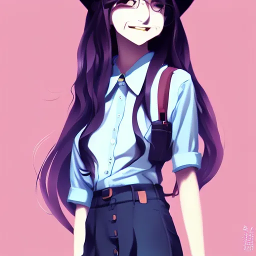 Image similar to urban school girl in shirt fanart, dark blue long hair, muted colors, matte print, pastel colors, ornate, digital art, cute smile, digital painting, fan art, elegant, pixiv, by Ilya Kuvshinov, by Studio Ghibli