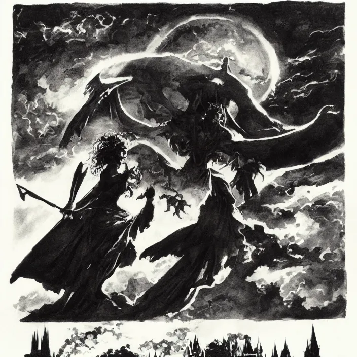 Image similar to bellatrix casting dark mark spell into the sky over hogwarts by frank frazetta