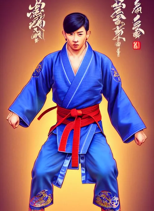 Image similar to male martial artist!! manchu queue pigtail hairstyle!!!! asian facial features and blue eyes!! intricate ornate blue robes!! character concept art, sharp focus, octane render! unreal engine 5! highly rendered!! trending on artstation!! detailed linework!! illustration by artgerm, wlop, and chie yoshii