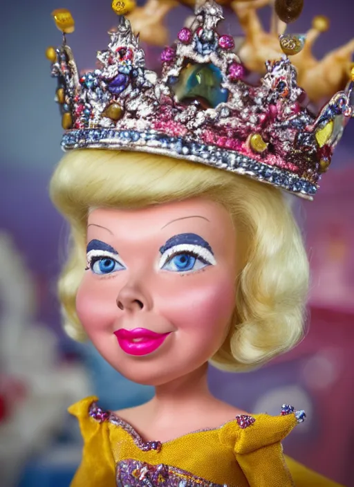 Prompt: closeup face profile portrait of tin toy doris day as a fairytale princess wearing a crown eating cakes, bikini, depth of field, zeiss lens, detailed, symmetrical, centered, fashion photoshoot, by nicoletta ceccoli, mark ryden, lostfish, breathtaking, 8 k resolution, extremely detailed, beautiful, establishing shot, artistic, hyperrealistic, octane render