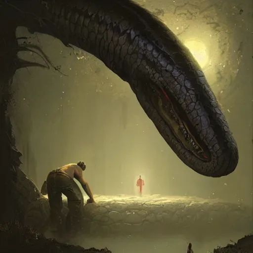 Image similar to a huge anaconda in a dark grave, horror ,digital art,realistic,detailed,art by greg rutkowski