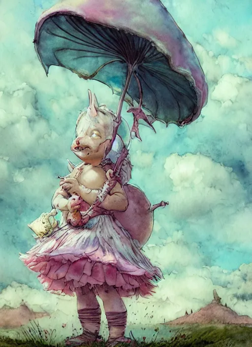 Image similar to A fat goblin princess with a tattered pink tutu, mushroom parasol watercolor, dramatic lighting, cinematic, establishing shot, extremely high detail, foto realistic, cinematic lighting, pen and ink, intricate line drawings, by Yoshitaka Amano, Ruan Jia, Kentaro Miura, Artgerm, post processed, concept art, artstation, matte painting, style by eddie mendoza, raphael lacoste, alex ross