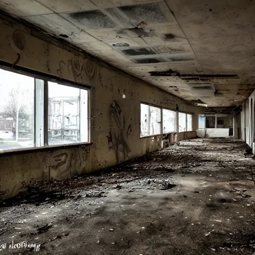 Image similar to Abandoned shopping mall, urbex photo. Low lighting, graffiti.