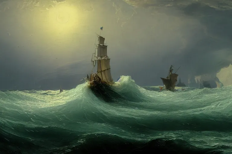 Image similar to a giant whirlpool in the sea by andreas achenbach and peder balke and martin johnson heade sharp digital painting. dreaming latent space. matte painting, concept art. artstation. digital render. hdr, high dynamic range, global illumination, realistic, 8 k