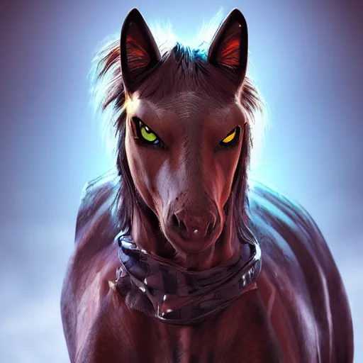 Image similar to A hyper real comic book style portait painting of a horsecat, unreal 5, hyperrealistic, octane render, cosplay, RPG portrait, dynamic lighting