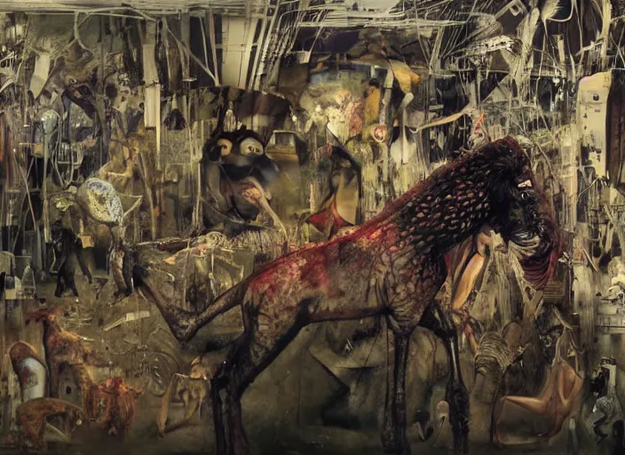 Image similar to wild underground scene from a 7 0's movie by chris cunningham, kenneth anger and alejandro jodorowsky : : surreal dream scene of actresses turning into animals in urban setting : : close - up, concept art, painting by enki bilal, tim walker, adrian ghenie 4 k