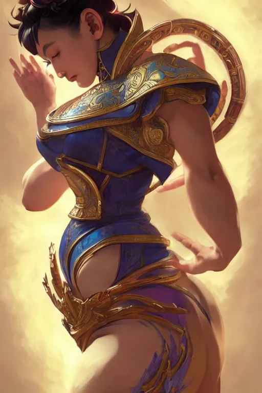 Image similar to beautiful chun li, full body shot, d & d, fantasy, intricate, elegant, highly detailed, digital painting, artstation, concept art, matte, sharp focus, illustration, hearthstone, art by artgerm and greg rutkowski and alphonse mucha