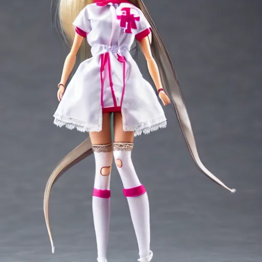 Image similar to anime barbie doll, nurse costume, full length, high heels, lace, stockings, rim of leather hare ears on the head