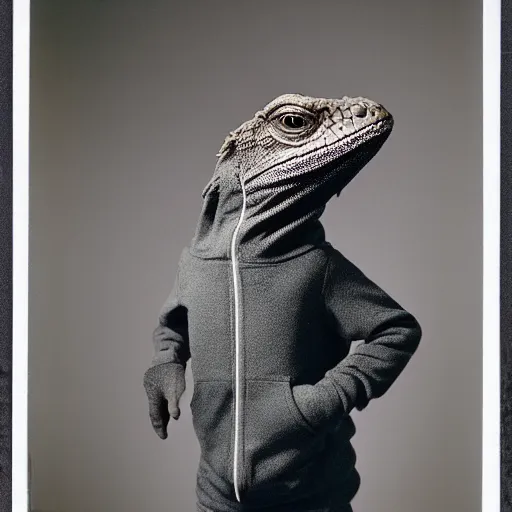 Prompt: lizard wearing hoodie, with polaroid camers, 8 0 s, polaroid photo, by warhol,