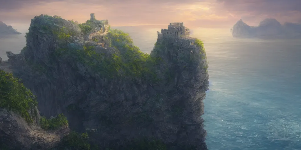 Prompt: a spiritual matte painting by feng zhu of a cliff side castle by the sea, dawn setting, HDR, unreal engine, god rays, ue5, concept art, 4k hd wallpaper