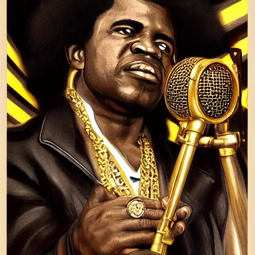 Image similar to highly detailed portrait of James Brown big wearing a gold crown and gold chains and holding a microphone, realistic portrait, symmetrical, highly detailed, digital painting, artstation, concept art, smooth, sharp focus, illustration, cinematic lighting, art by artgerm and greg rutkowski and alphonse mucha
